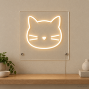 Personalized Cat Head LED neon sign concept in Warm White with a blank area for printed text; MEON NEON watermark