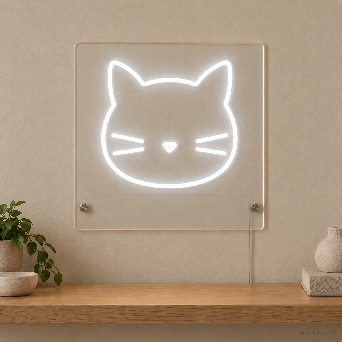 Personalized Cat Head LED neon sign concept in White with a blank area for printed text; MEON NEON watermark