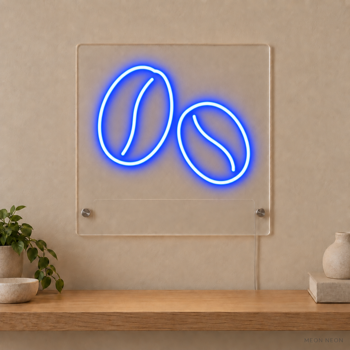 Personalized Coffee Bean Duo LED neon sign concept in Blue with a blank area for printed text; MEON NEON watermark
