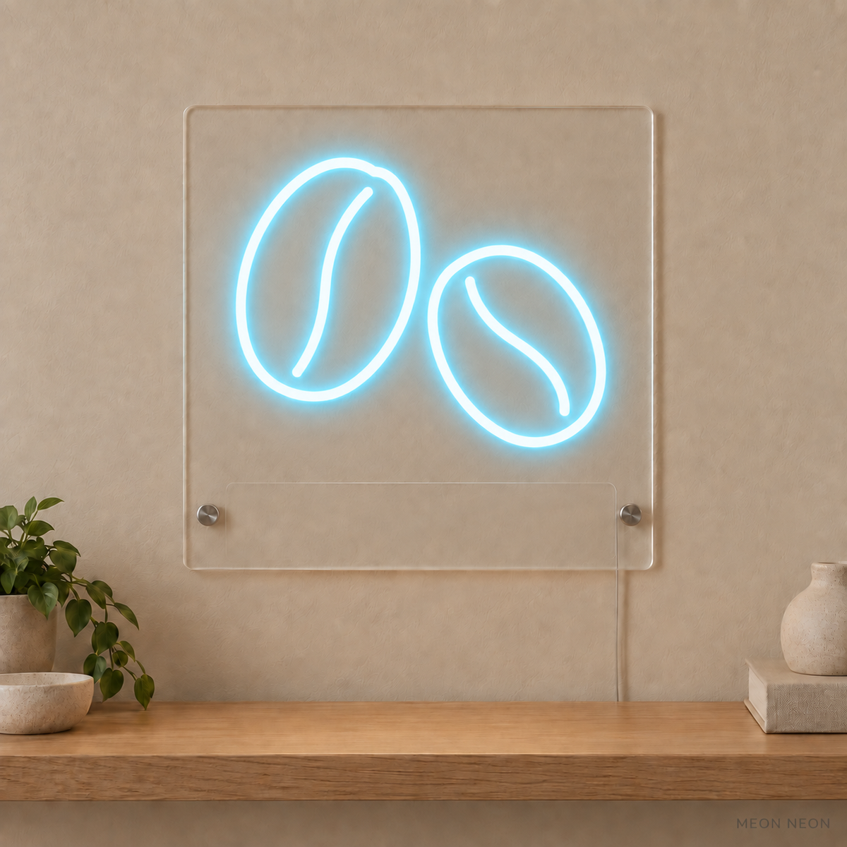 Personalized Coffee Bean Duo LED neon sign concept in Ice Blue with a blank area for printed text; MEON NEON watermark