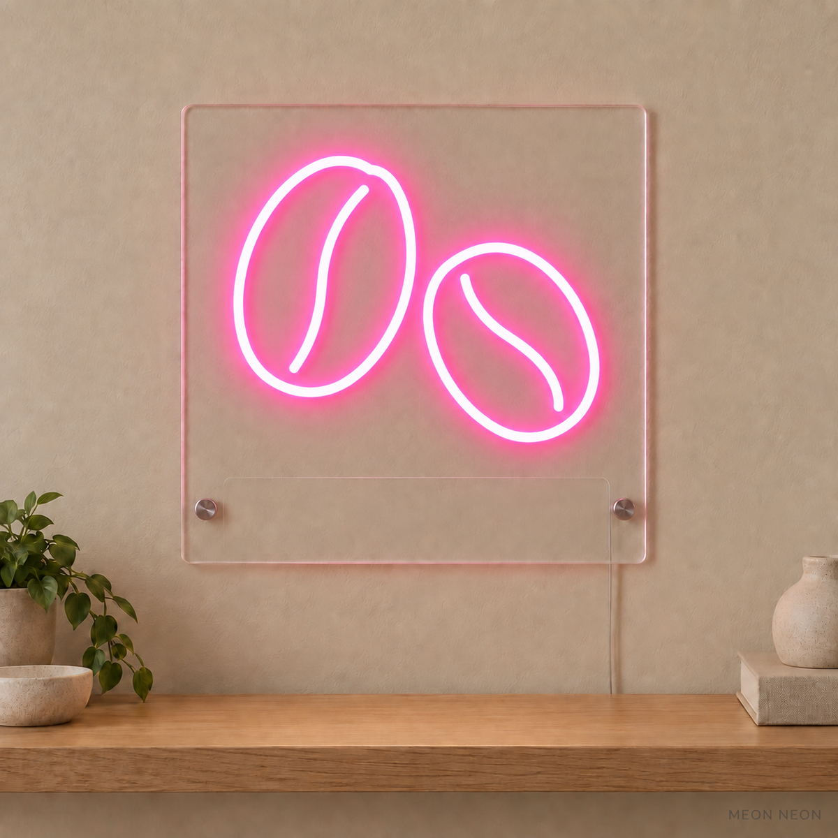 Personalized Coffee Bean Duo LED neon sign concept in Pink with a blank area for printed text; MEON NEON watermark