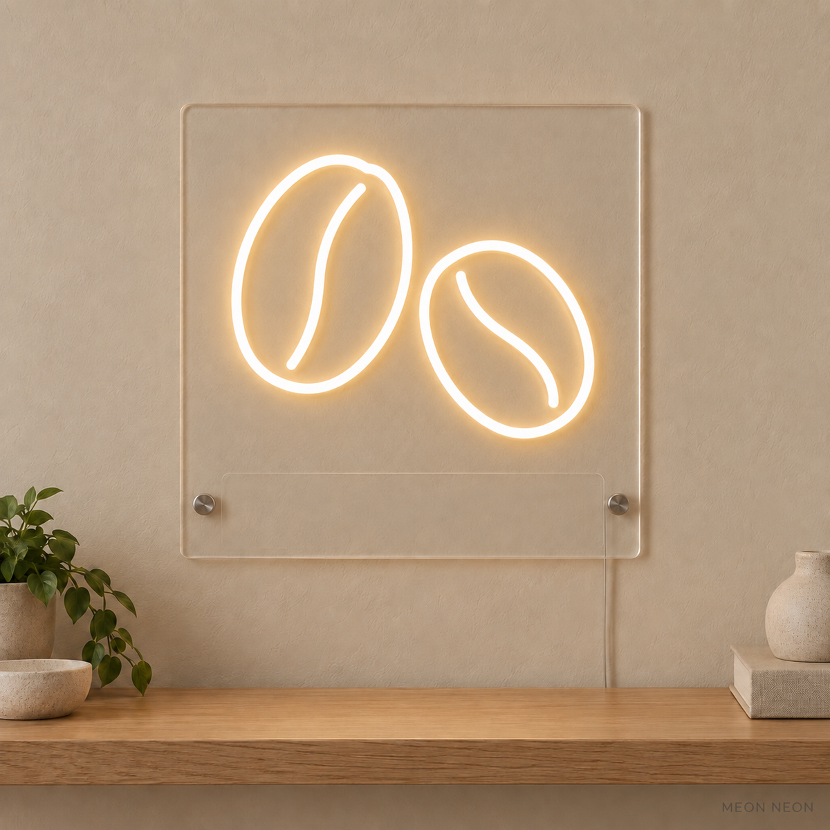 Personalized Coffee Bean Duo LED neon sign concept in Warm White with a blank area for printed text; MEON NEON watermark
