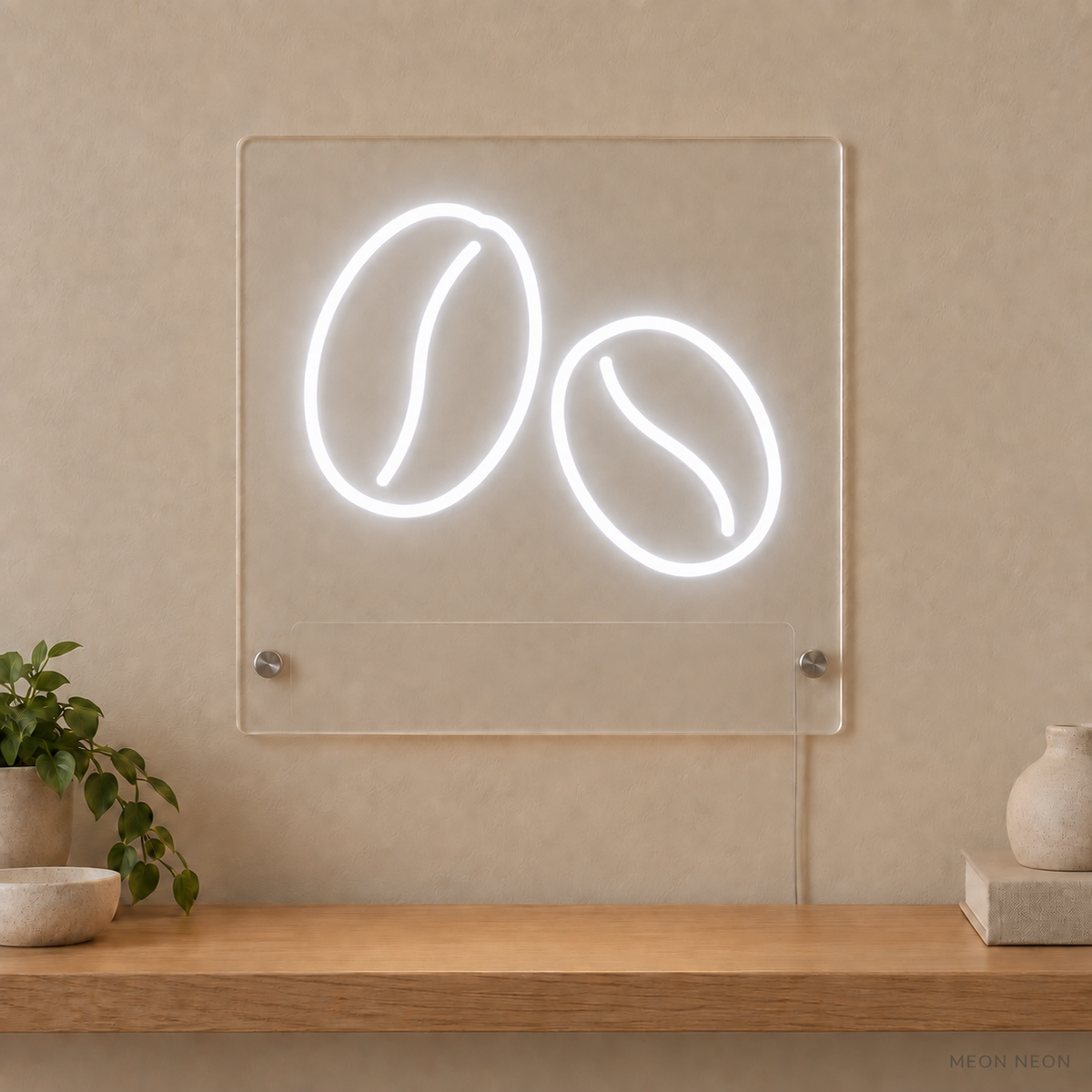 Personalized Coffee Bean Duo LED neon sign concept in White with a blank area for printed text; MEON NEON watermark