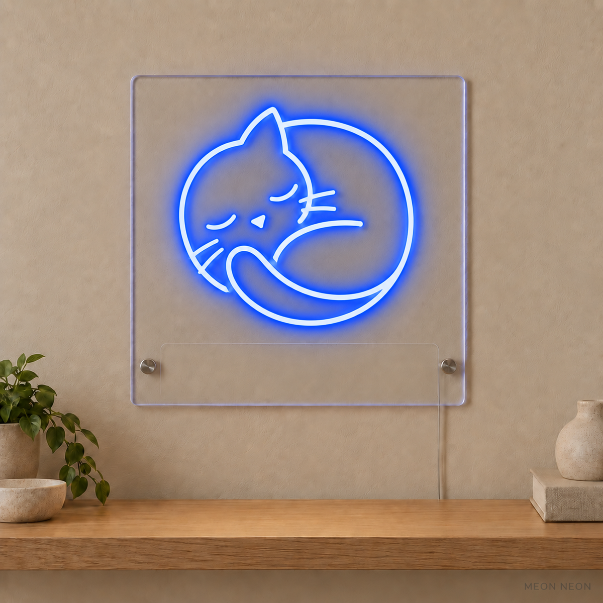 Personalized Curled Cat LED neon sign concept in Blue with a blank area for printed text; MEON NEON watermark