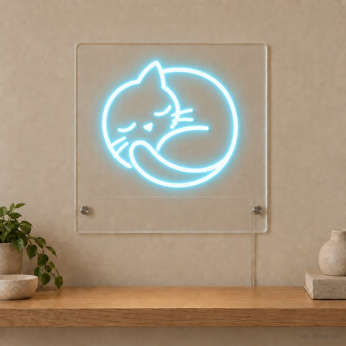Personalized Curled Cat LED neon sign concept in Ice Blue with a blank area for printed text; MEON NEON watermark