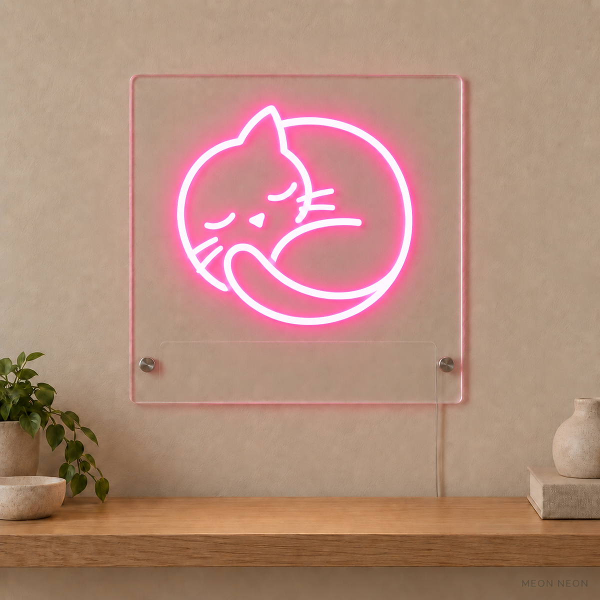 Personalized Curled Cat LED neon sign concept in Pink with a blank area for printed text; MEON NEON watermark