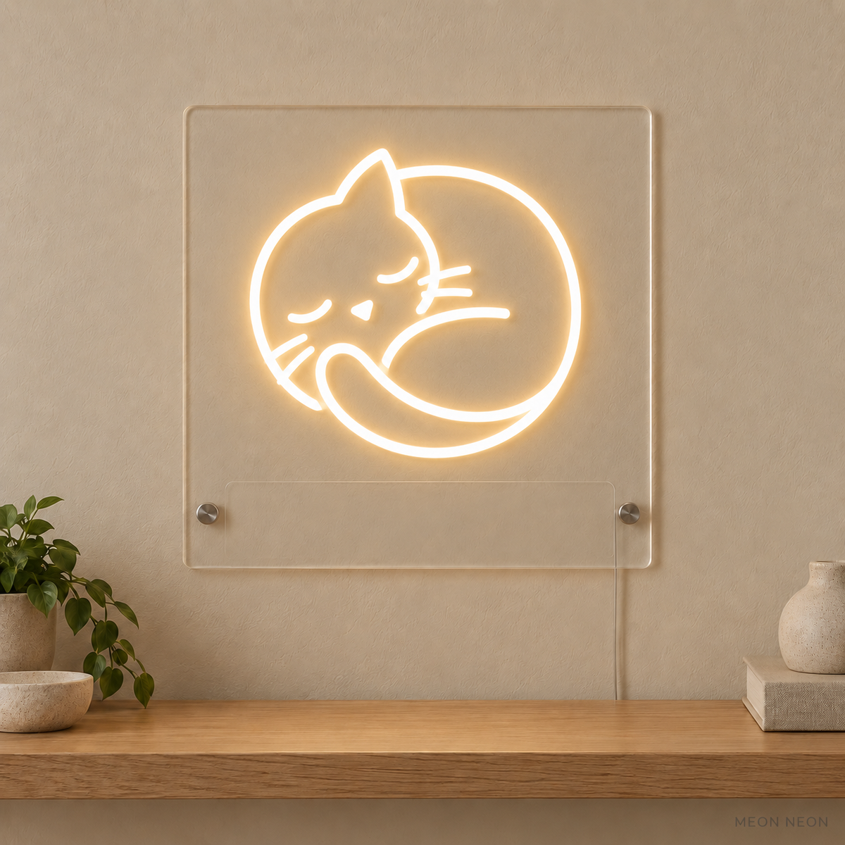 Personalized Curled Cat LED neon sign concept in Warm White with a blank area for printed text; MEON NEON watermark