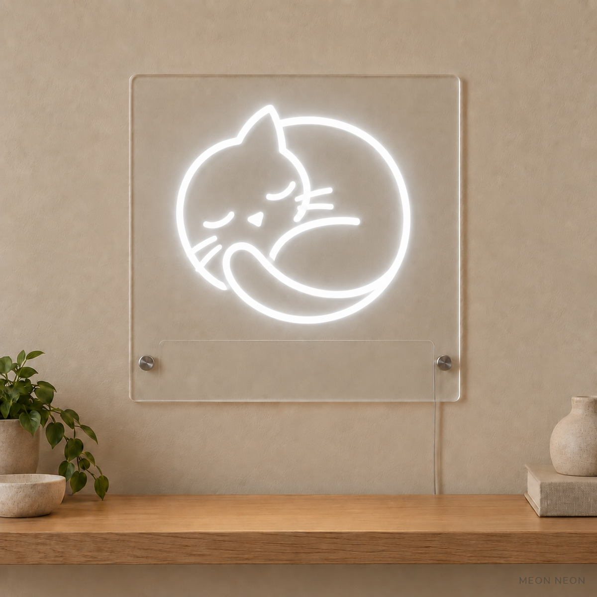 Personalized Curled Cat LED neon sign concept in White with a blank area for printed text; MEON NEON watermark