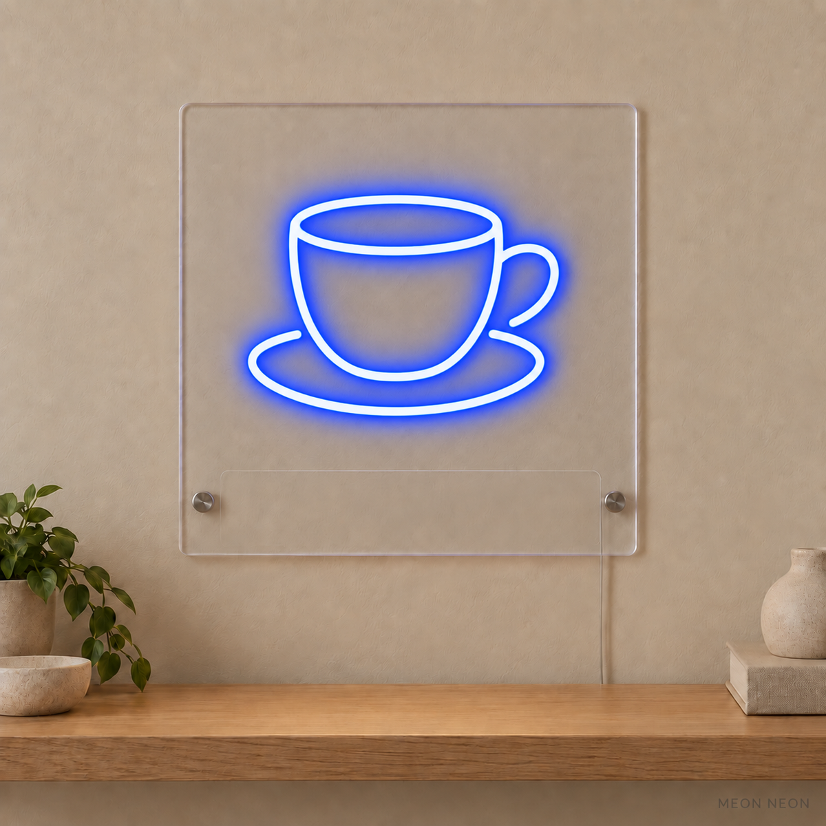 Personalized Espresso Cup LED neon sign concept in Blue with a blank area for printed text; MEON NEON watermark
