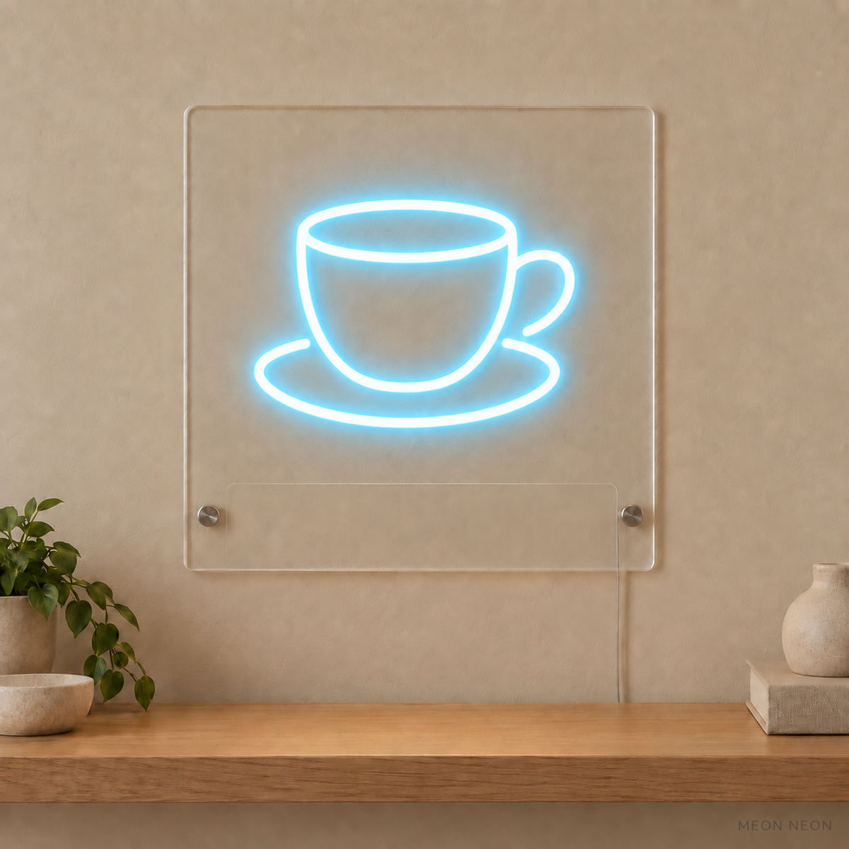 Personalized Espresso Cup LED neon sign concept in Ice Blue with a blank area for printed text; MEON NEON watermark