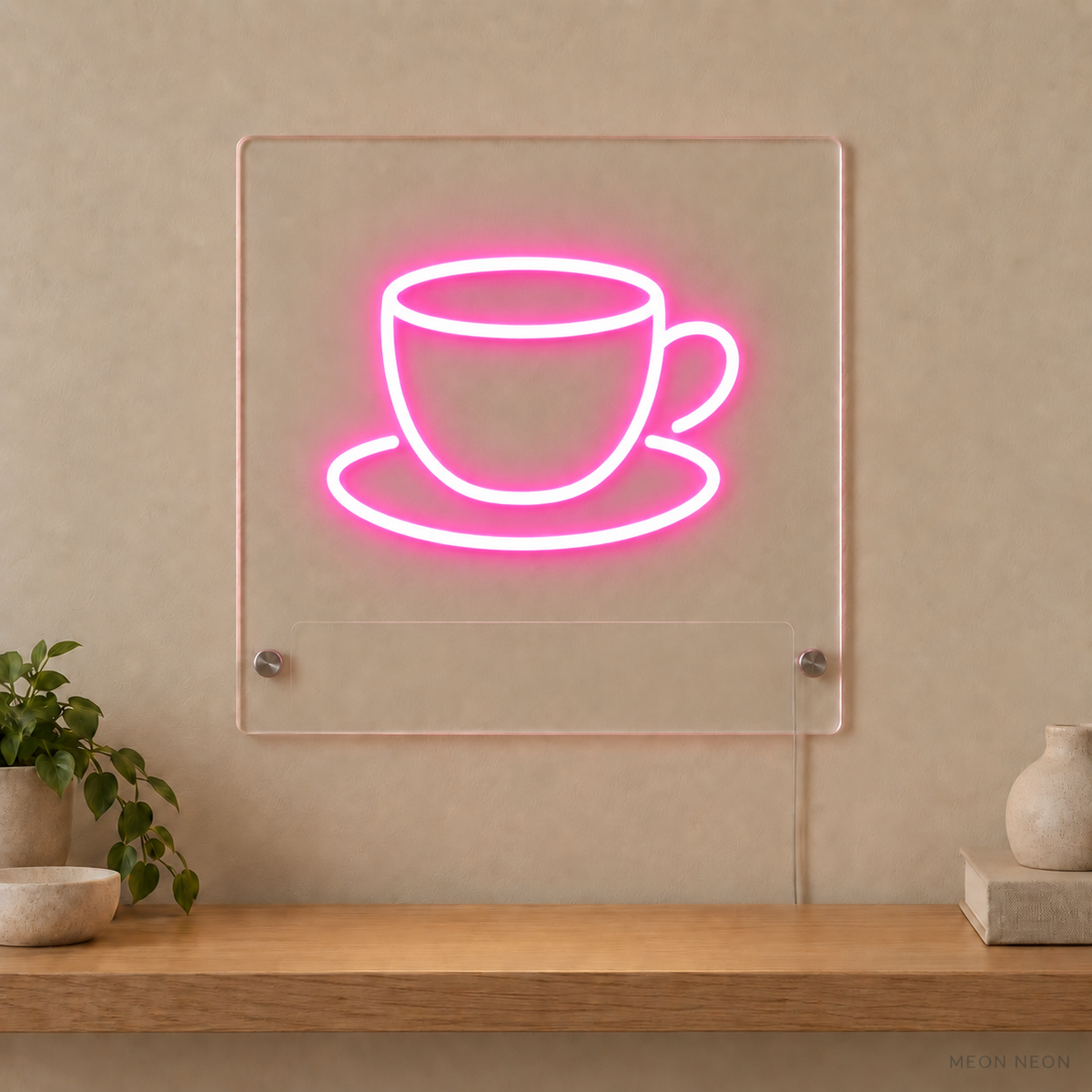 Personalized Espresso Cup LED neon sign concept in Pink with a blank area for printed text; MEON NEON watermark