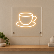 Personalized Espresso Cup LED neon sign concept in Warm White with a blank area for printed text; MEON NEON watermark