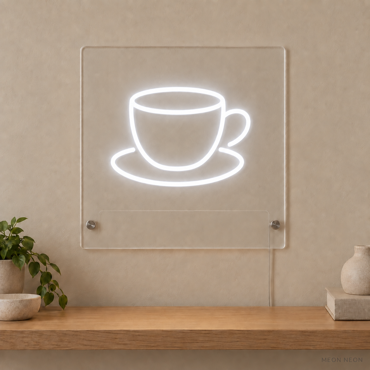 Personalized Espresso Cup LED neon sign concept in White with a blank area for printed text; MEON NEON watermark
