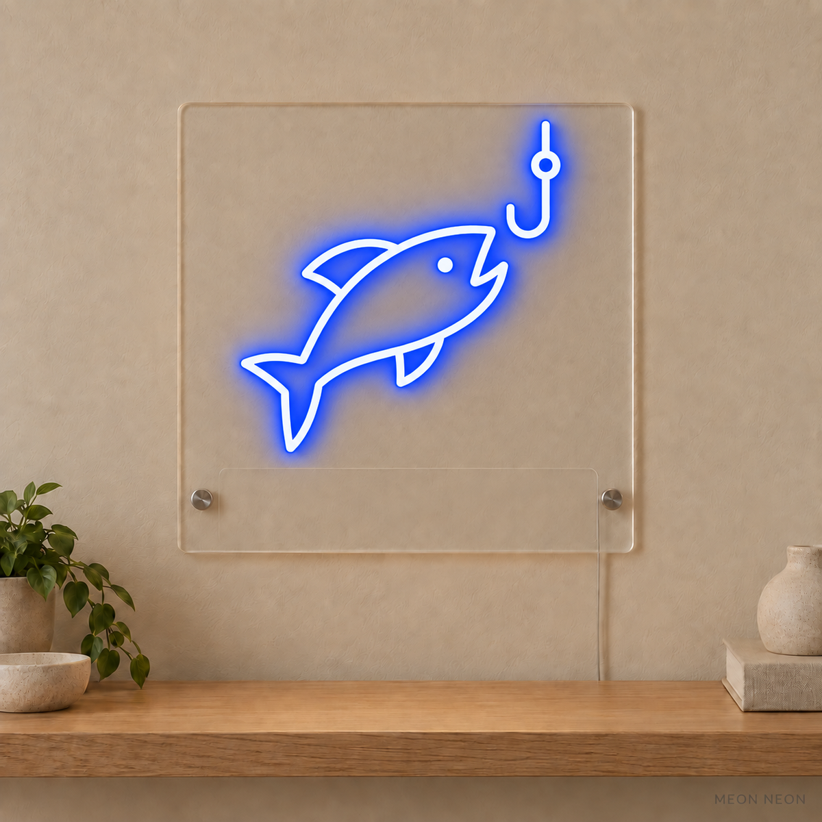 Personalized Fishing Catch LED neon sign concept in Blue with a blank area for printed text; MEON NEON watermark