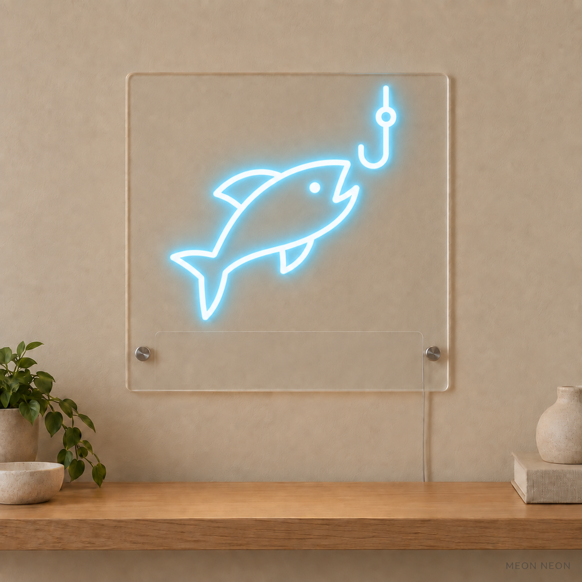 Personalized Fishing Catch LED neon sign concept in Ice Blue with a blank area for printed text; MEON NEON watermark