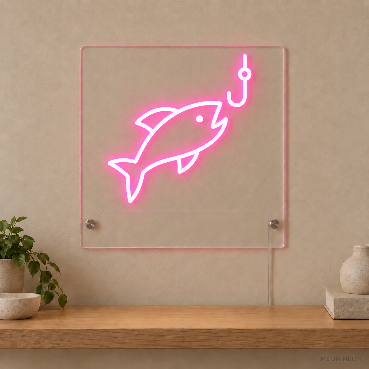 Personalized Fishing Catch LED neon sign concept in Pink with a blank area for printed text; MEON NEON watermark