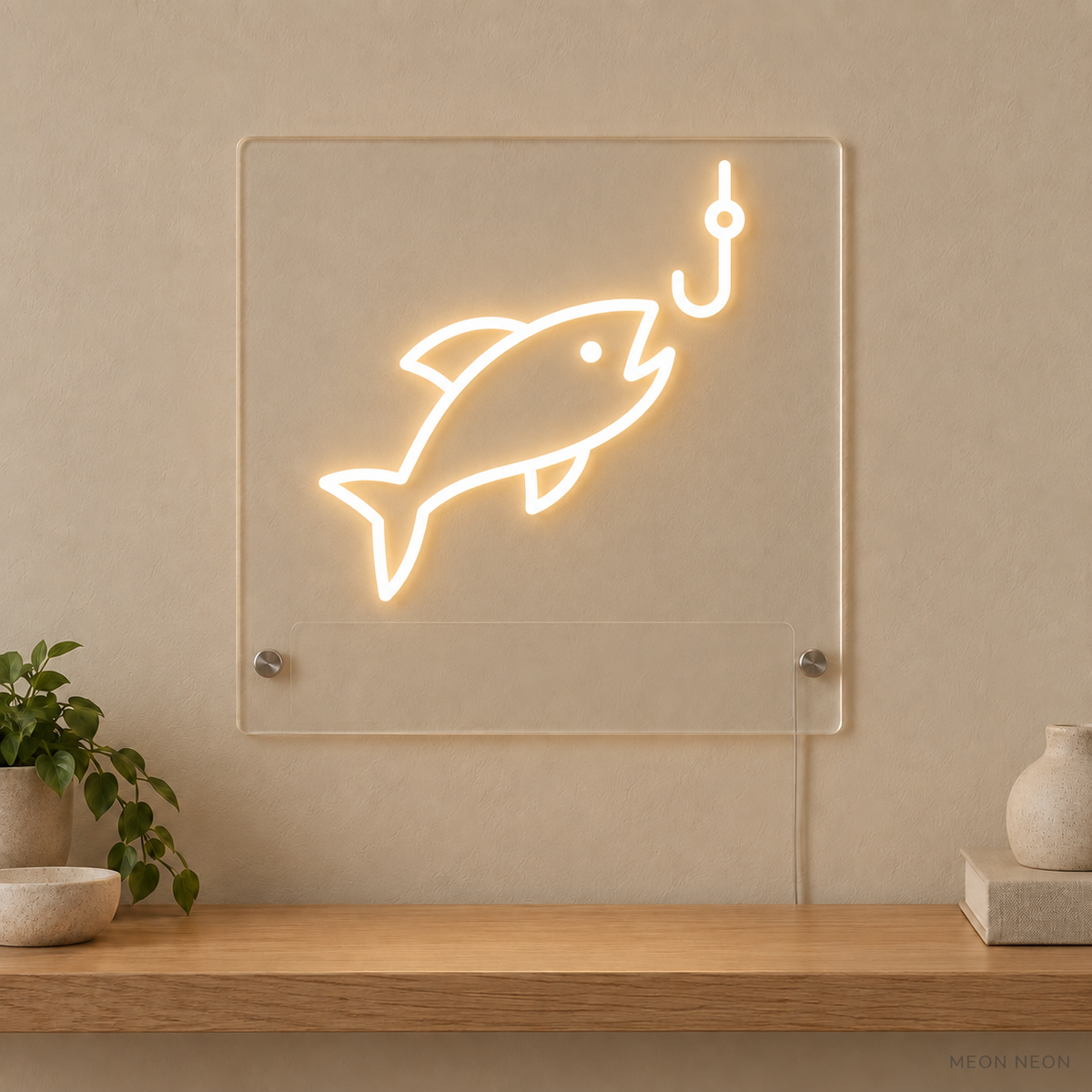 Personalized Fishing Catch LED neon sign concept in Warm White with a blank area for printed text; MEON NEON watermark