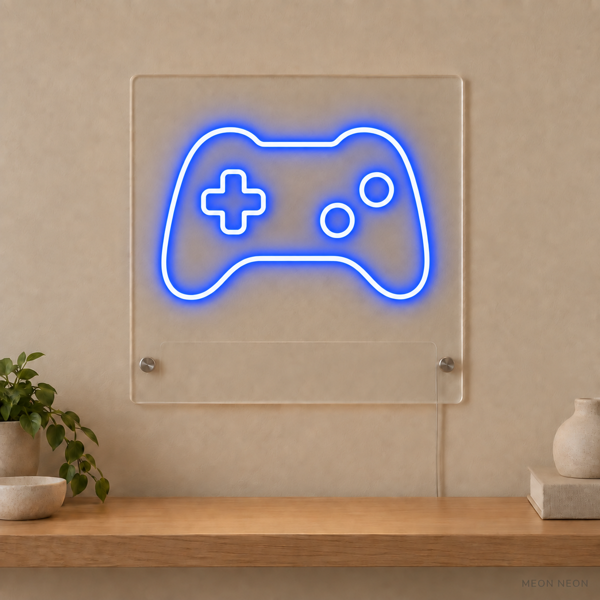 Personalized Game Controller LED neon sign concept in Blue with a blank area for printed text; MEON NEON watermark