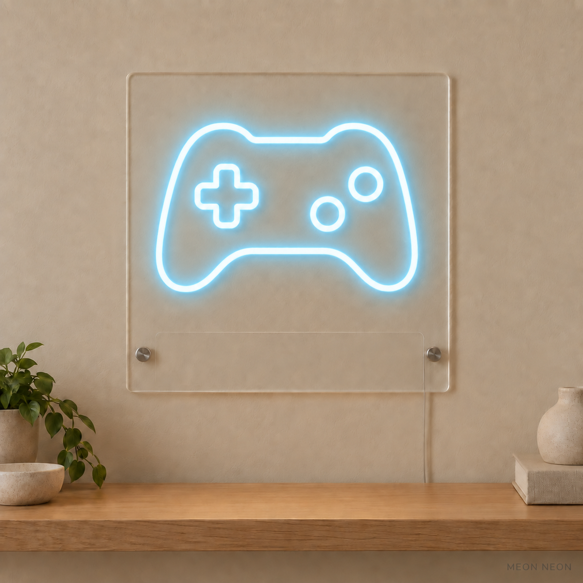 Personalized Game Controller LED neon sign concept in Ice Blue with a blank area for printed text; MEON NEON watermark