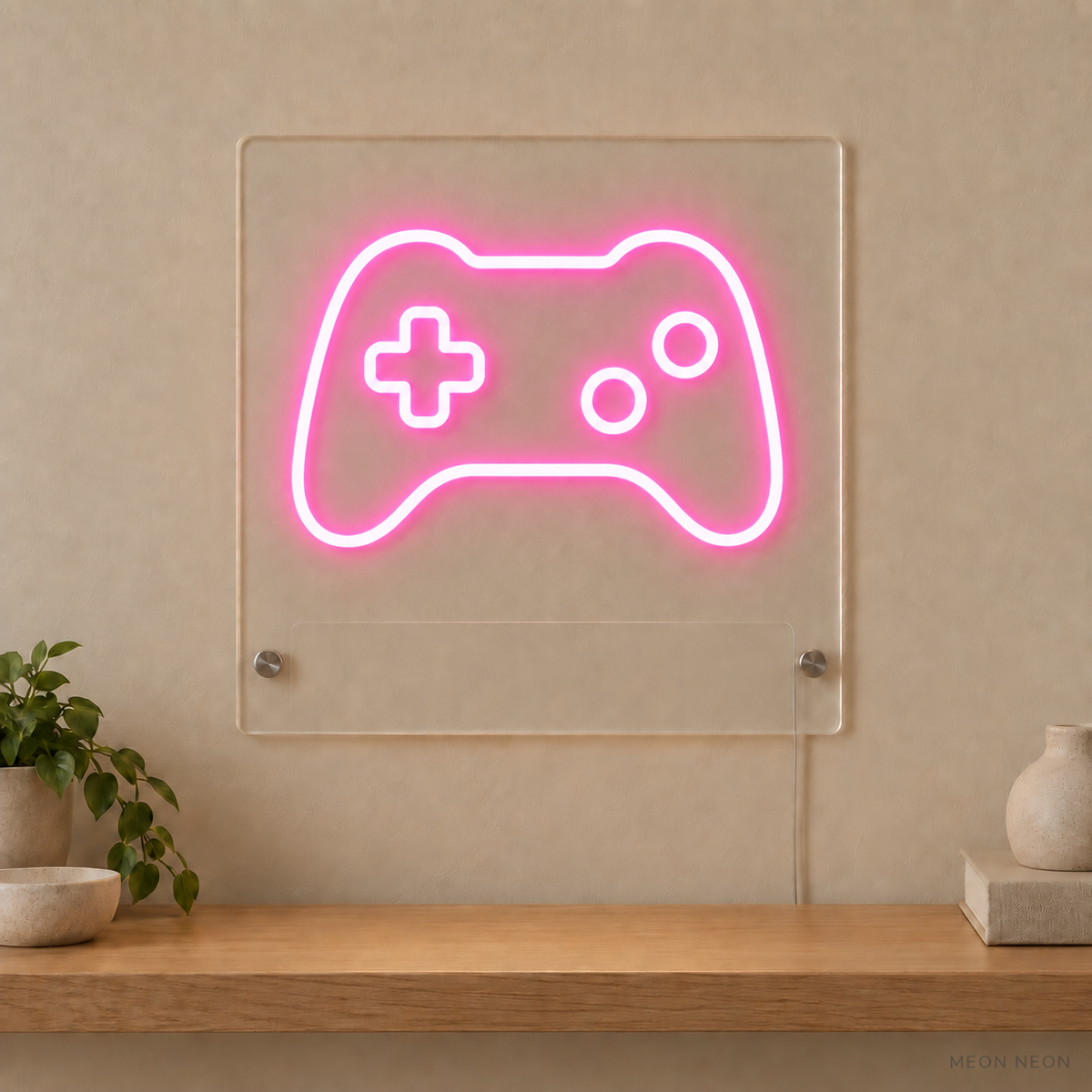 Personalized Game Controller LED neon sign concept in Pink with a blank area for printed text; MEON NEON watermark