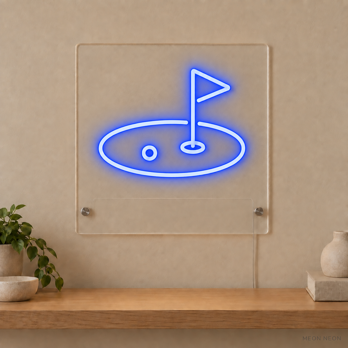 Personalized Golf Flag LED neon sign concept in Blue with a blank area for printed text; MEON NEON watermark