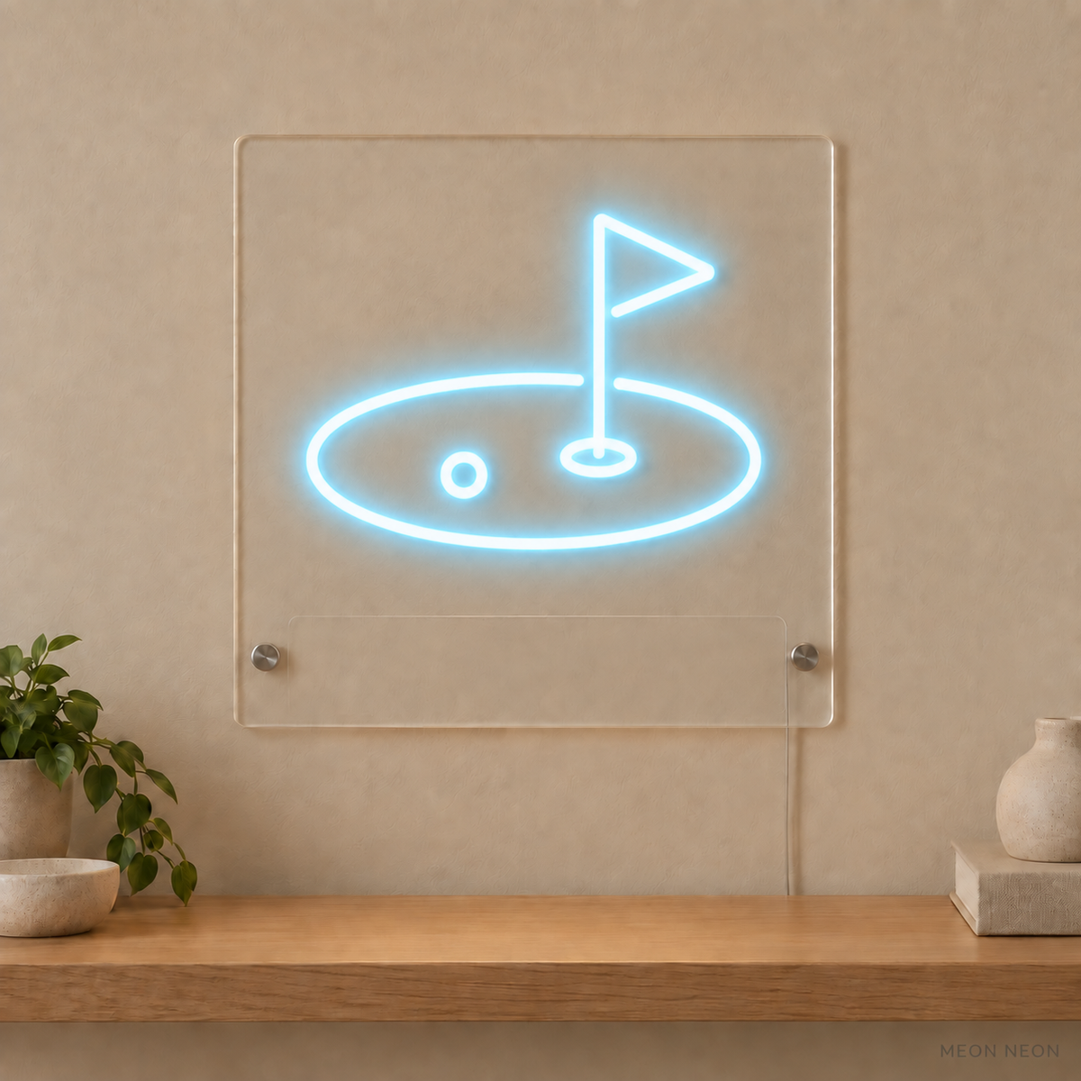 Personalized Golf Flag LED neon sign concept in Ice Blue with a blank area for printed text; MEON NEON watermark