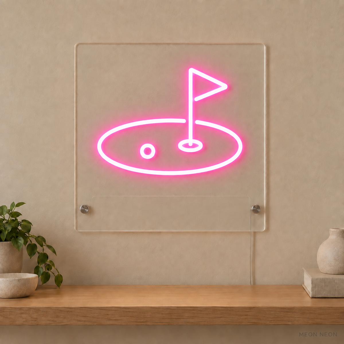 Personalized Golf Flag LED neon sign concept in Pink with a blank area for printed text; MEON NEON watermark