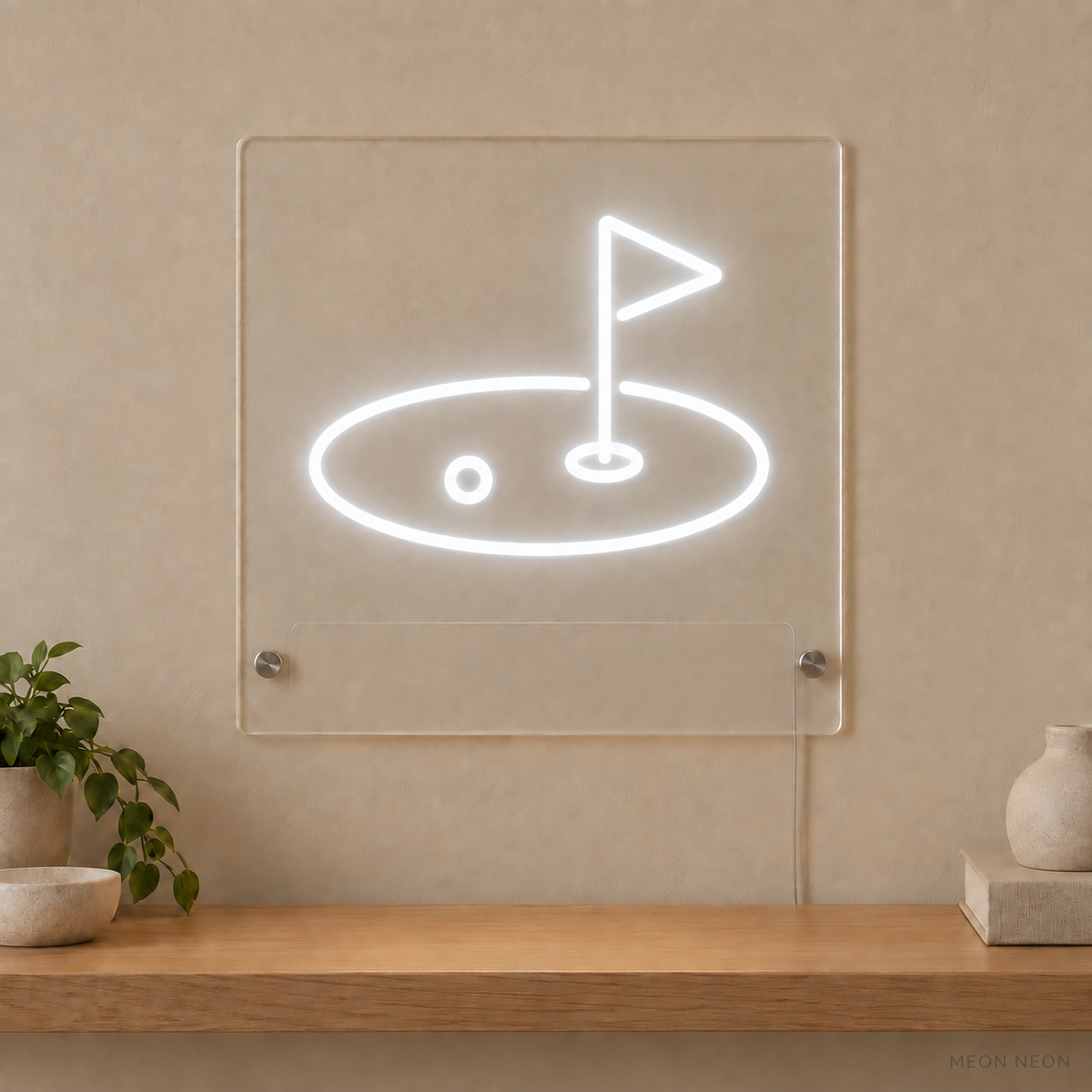 Personalized Golf Flag LED neon sign concept in White with a blank area for printed text; MEON NEON watermark