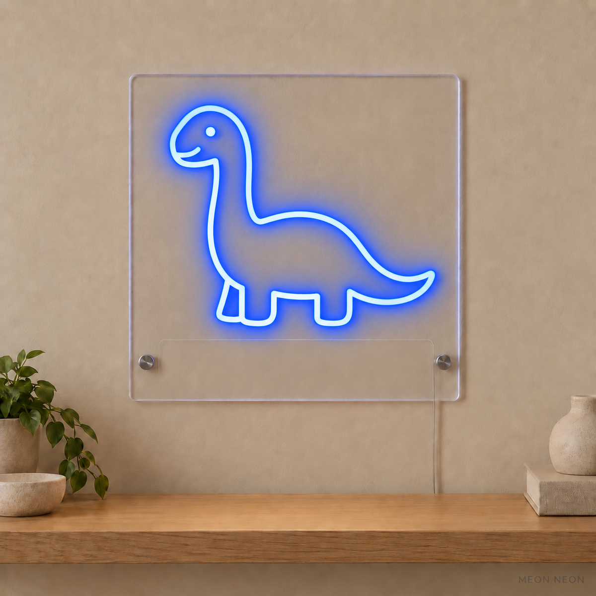 Personalized Little Dinosaur LED neon sign concept in Blue with a blank area for printed text; MEON NEON watermark