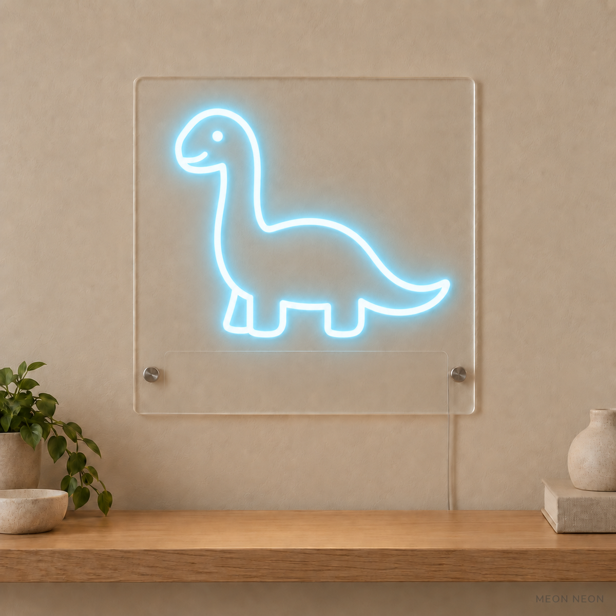 Personalized Little Dinosaur LED neon sign concept in Ice Blue with a blank area for printed text; MEON NEON watermark