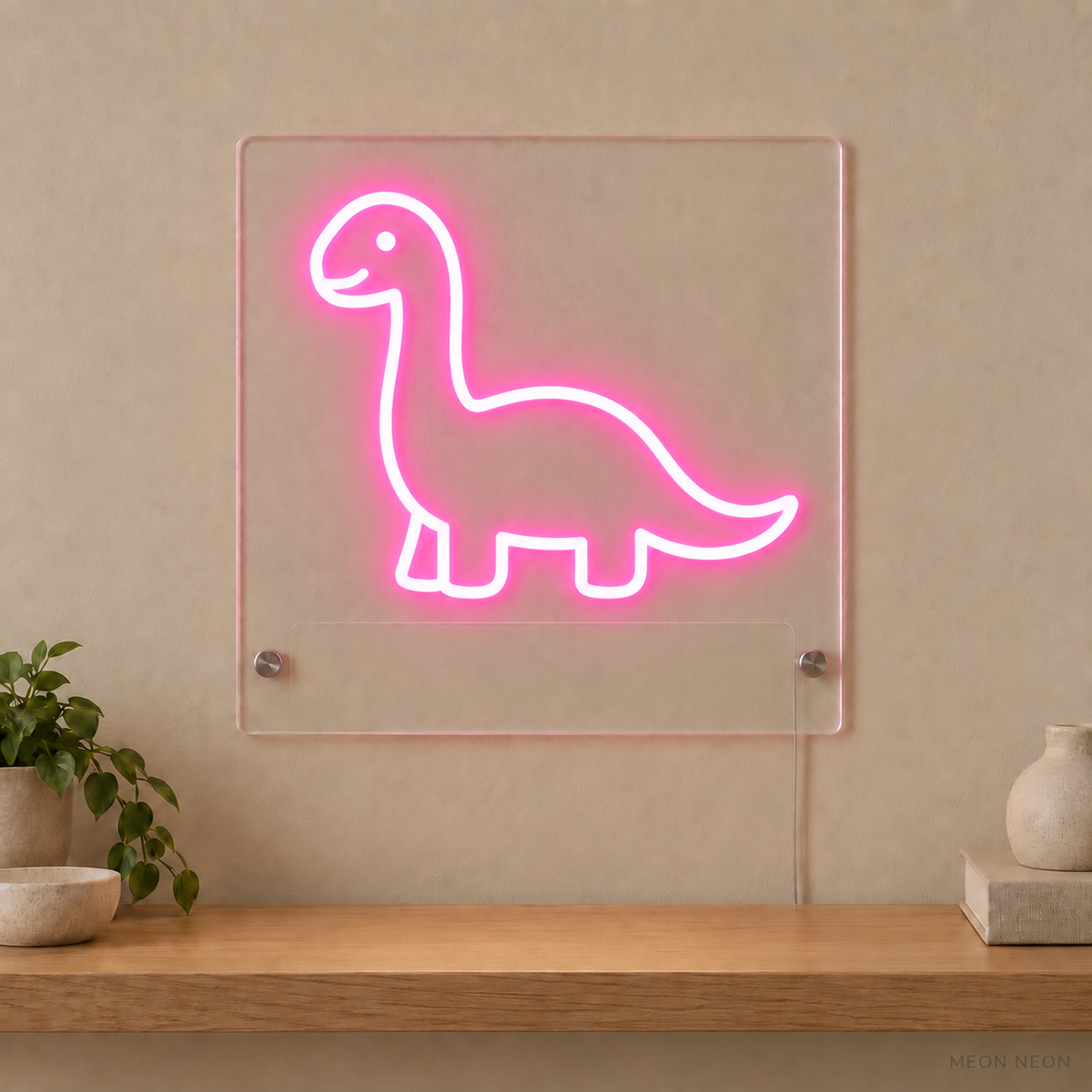Personalized Little Dinosaur LED neon sign concept in Pink with a blank area for printed text; MEON NEON watermark