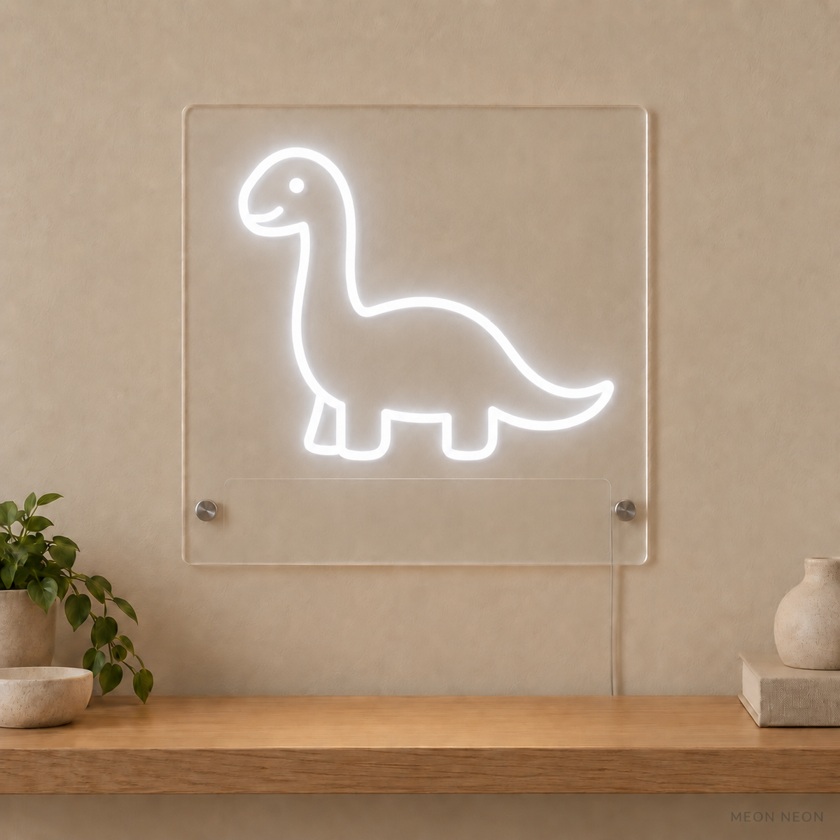 Personalized Little Dinosaur LED neon sign concept in White with a blank area for printed text; MEON NEON watermark