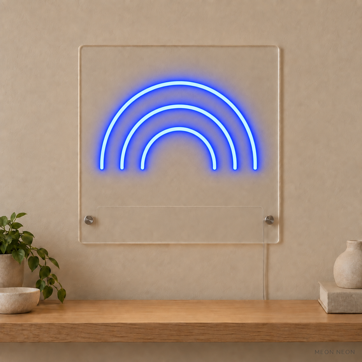 Personalized Little Rainbow LED neon sign concept in Blue with a blank area for printed text; MEON NEON watermark