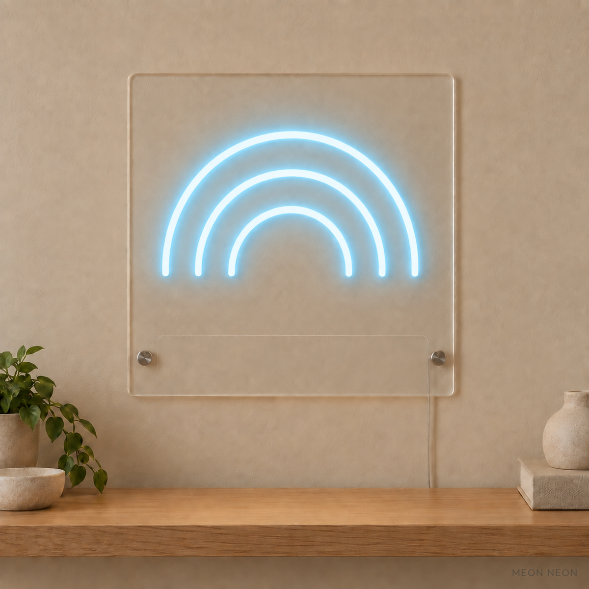 Personalized Little Rainbow LED neon sign concept in Ice Blue with a blank area for printed text; MEON NEON watermark