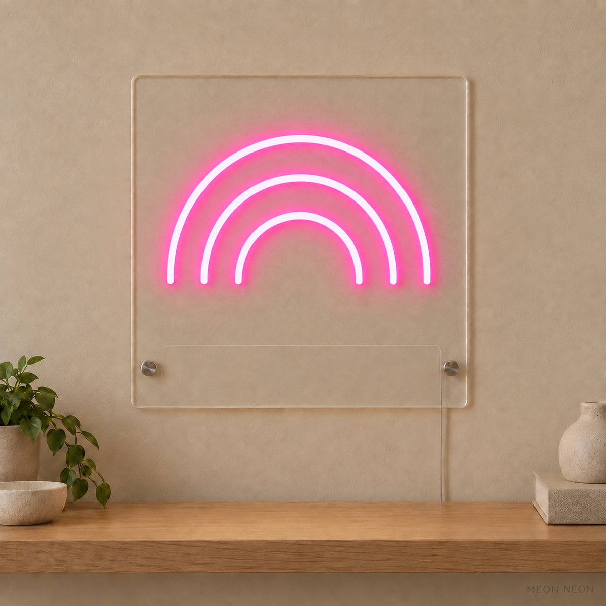 Personalized Little Rainbow LED neon sign concept in Pink with a blank area for printed text; MEON NEON watermark