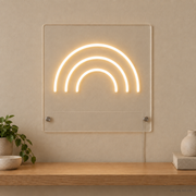 Personalized Little Rainbow LED neon sign concept in Warm White with a blank area for printed text; MEON NEON watermark