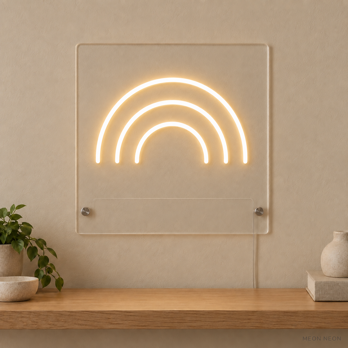 Personalized Little Rainbow LED neon sign concept in Warm White with a blank area for printed text; MEON NEON watermark