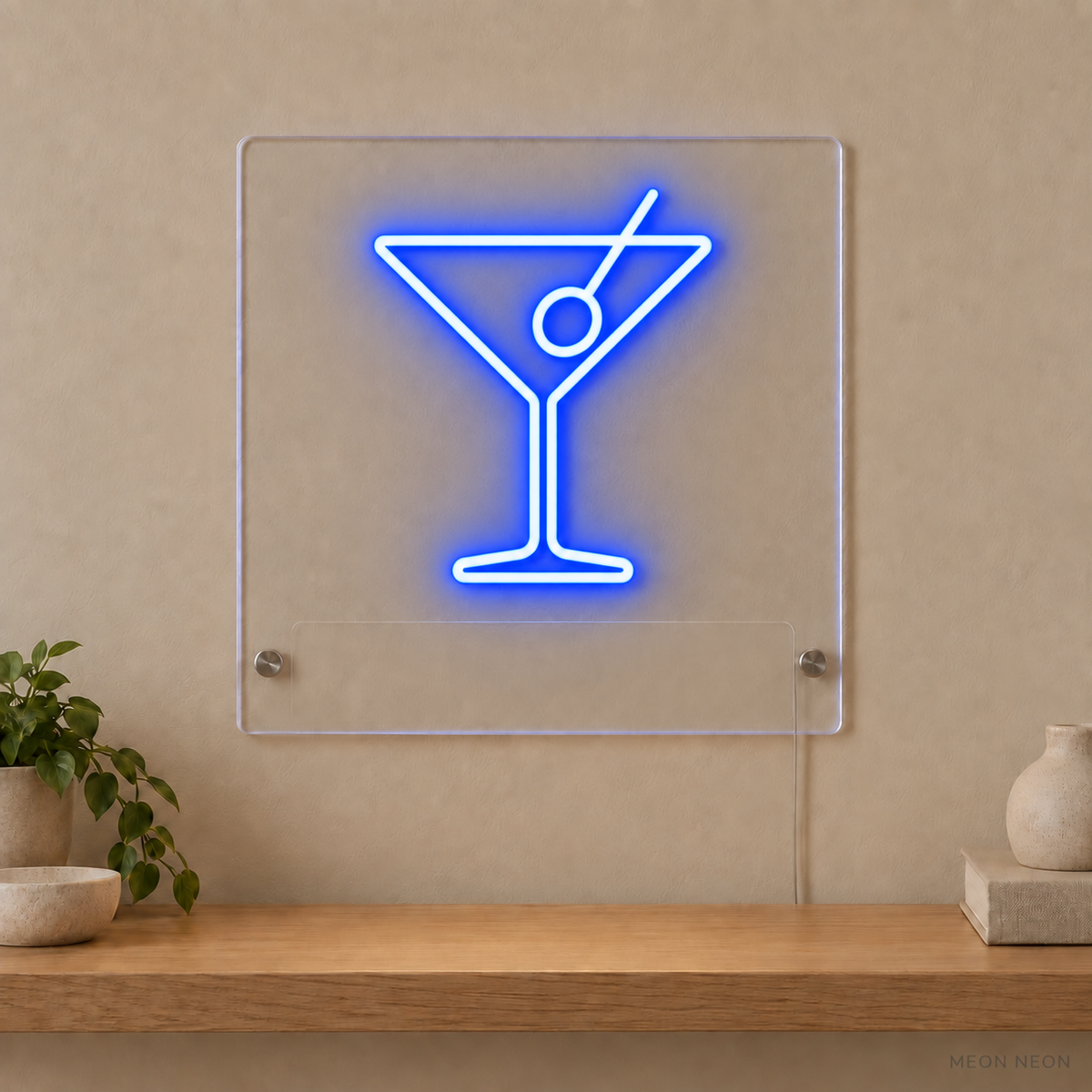 Personalized Martini Glass LED neon sign concept in Blue with a blank area for printed text; MEON NEON watermark