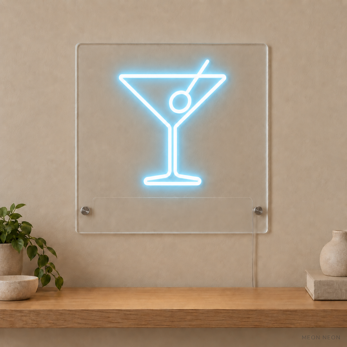 Personalized Martini Glass LED neon sign concept in Ice Blue with a blank area for printed text; MEON NEON watermark