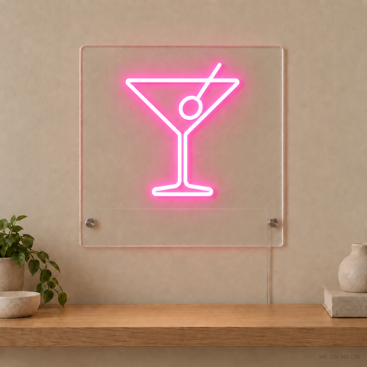 Personalized Martini Glass LED neon sign concept in Pink with a blank area for printed text; MEON NEON watermark