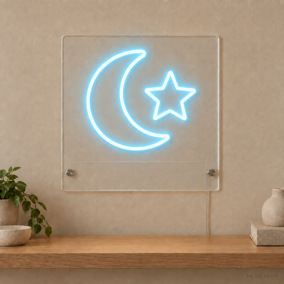 Personalized Moon and Star LED neon sign concept in Ice Blue with a blank area for printed text; MEON NEON watermark