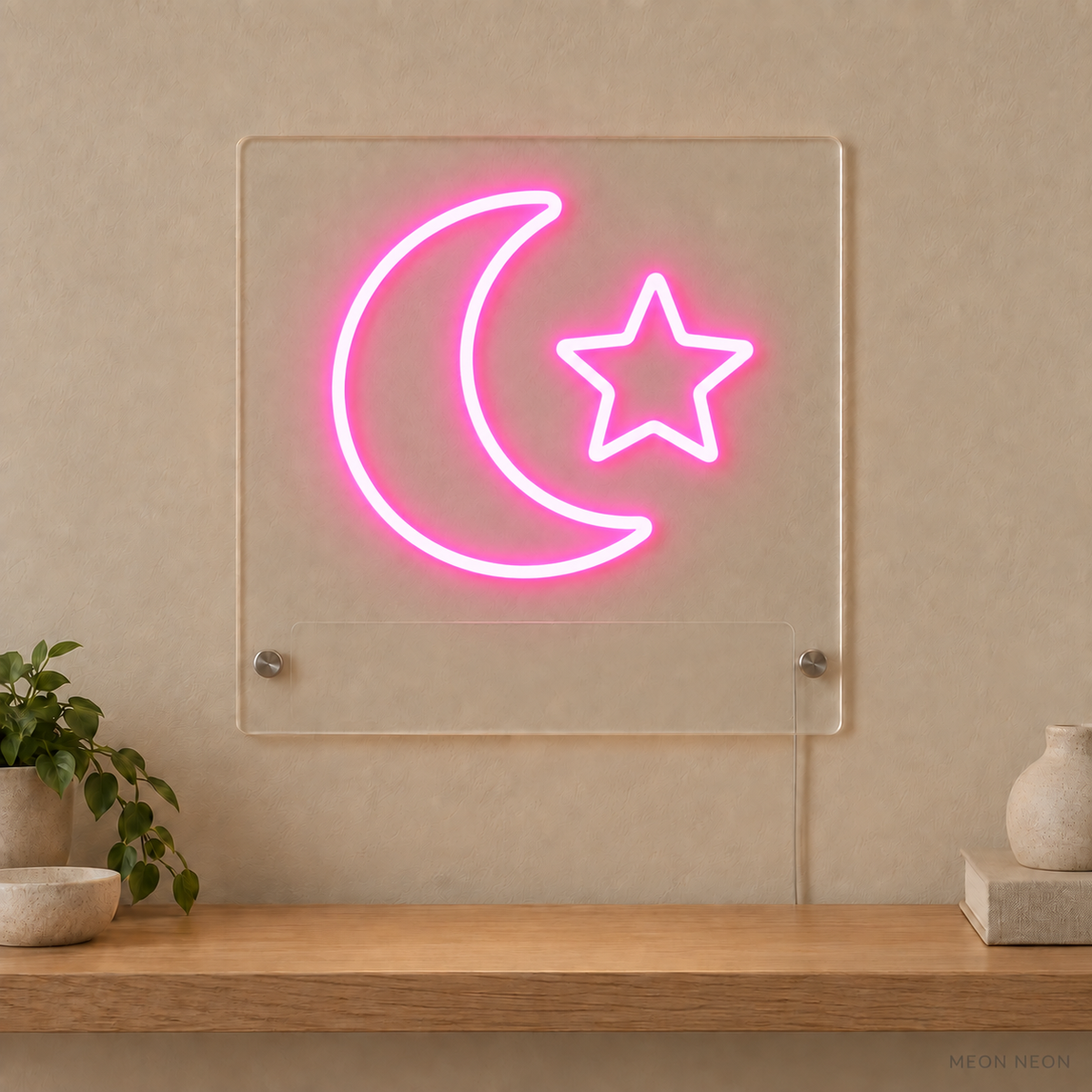 Personalized Moon and Star LED neon sign concept in Pink with a blank area for printed text; MEON NEON watermark