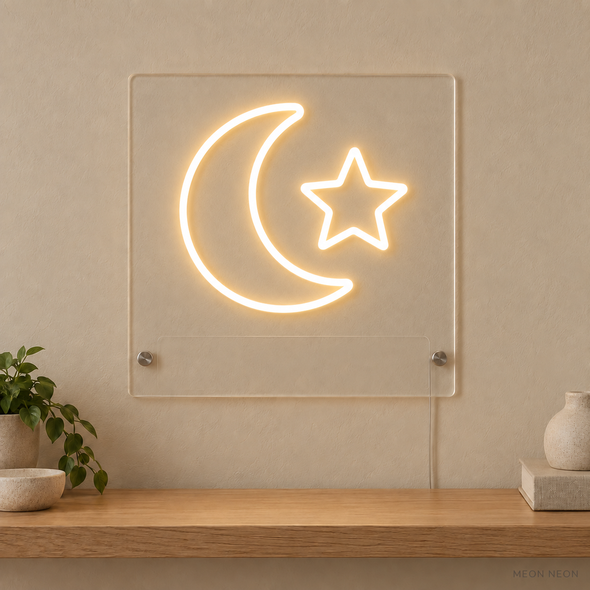 Personalized Moon and Star LED neon sign concept in Warm White with a blank area for printed text; MEON NEON watermark