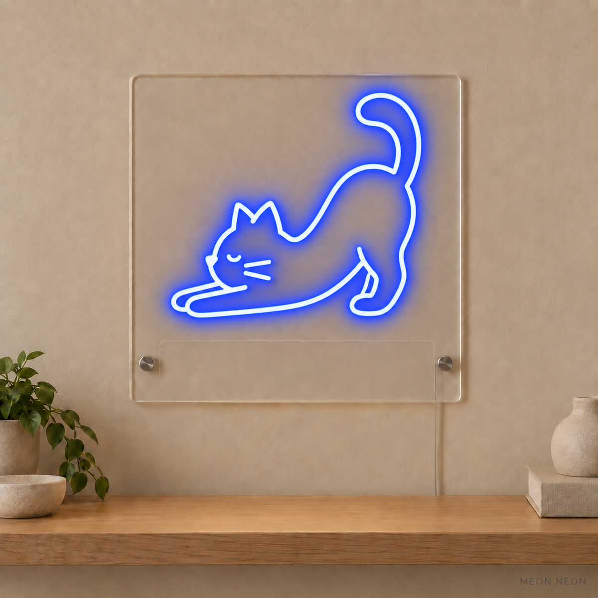 Personalized Playful Cat LED neon sign concept in Blue with a blank area for printed text; MEON NEON watermark