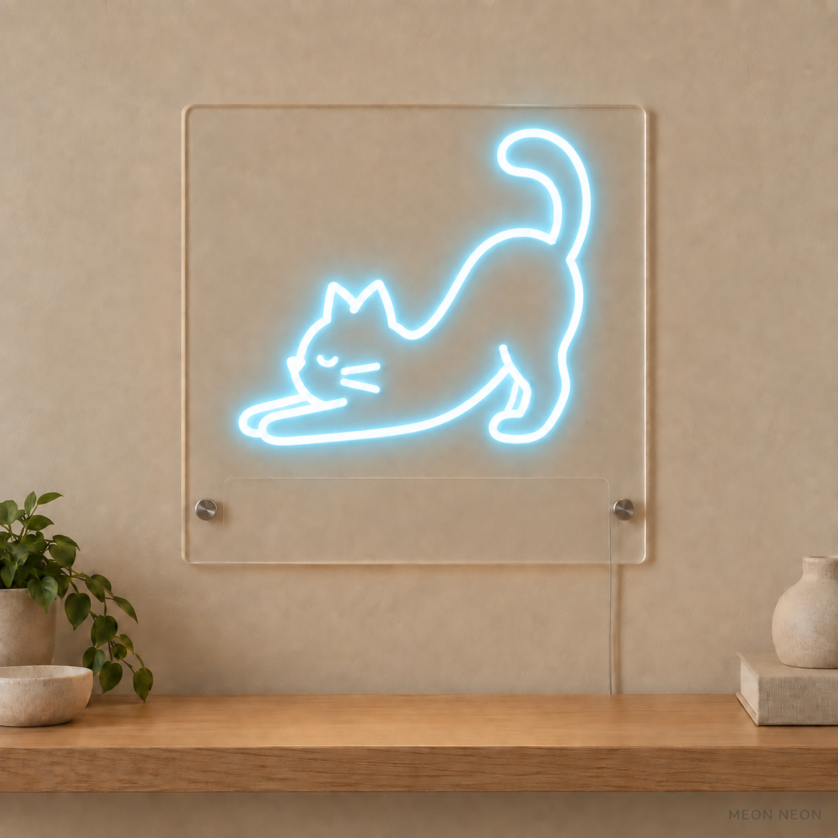 Personalized Playful Cat LED neon sign concept in Ice Blue with a blank area for printed text; MEON NEON watermark