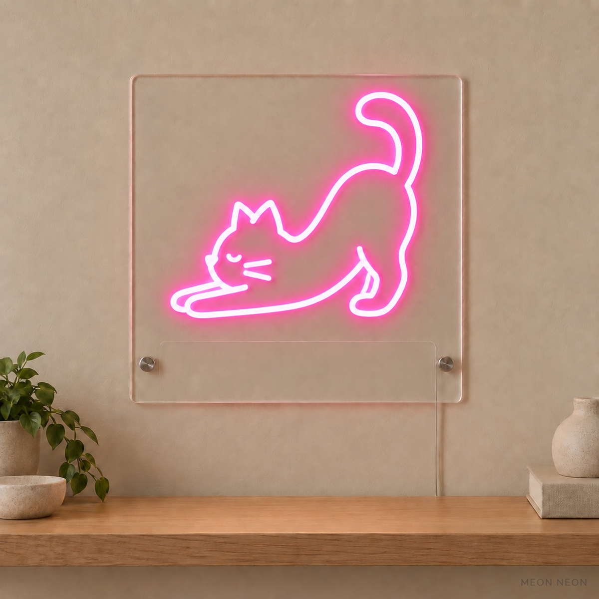 Personalized Playful Cat LED neon sign concept in Pink with a blank area for printed text; MEON NEON watermark