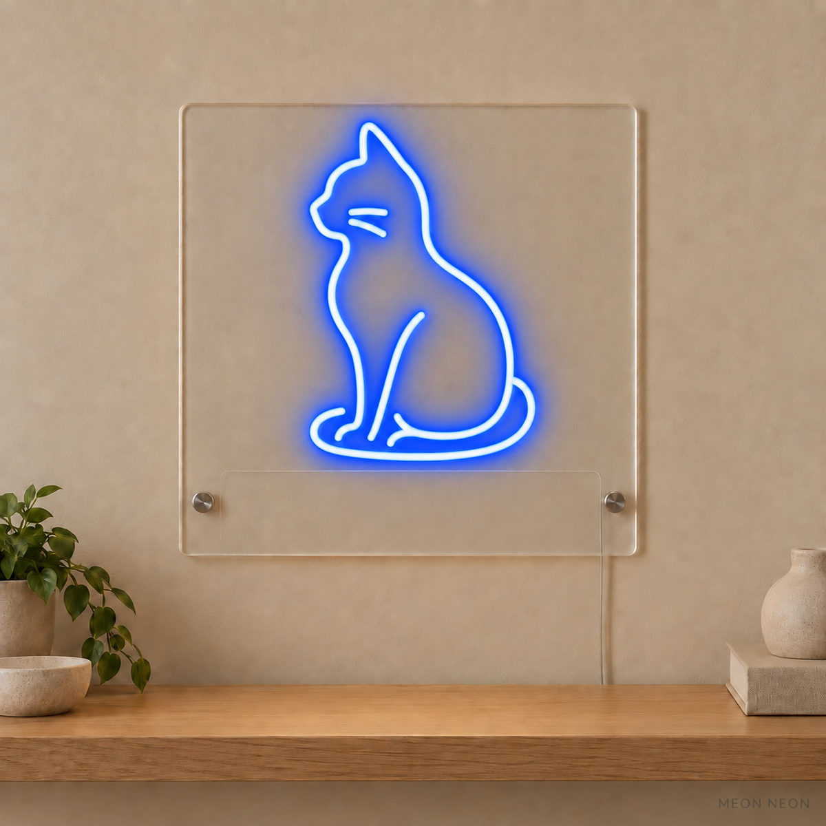 Personalized Sitting Cat LED neon sign concept in Blue with a blank area for printed text; MEON NEON watermark