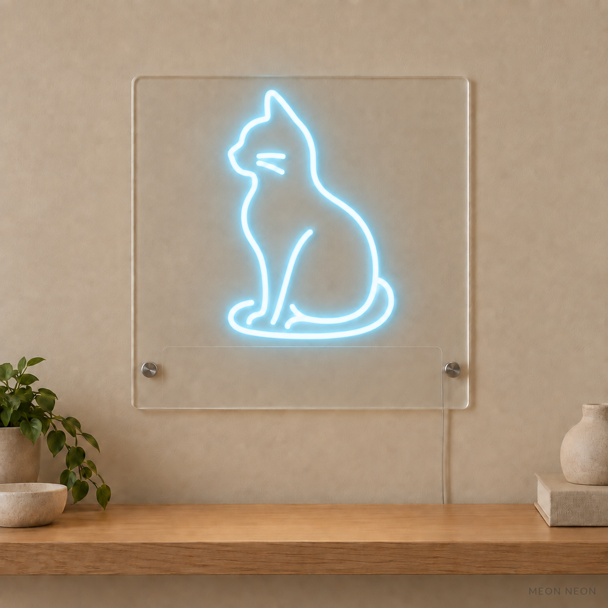 Personalized Sitting Cat LED neon sign concept in Ice Blue with a blank area for printed text; MEON NEON watermark