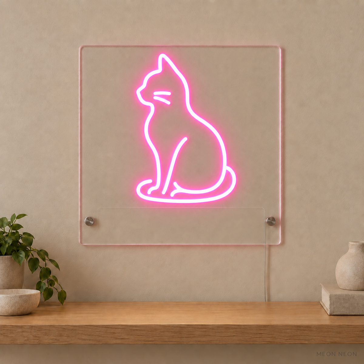 Personalized Sitting Cat LED neon sign concept in Pink with a blank area for printed text; MEON NEON watermark