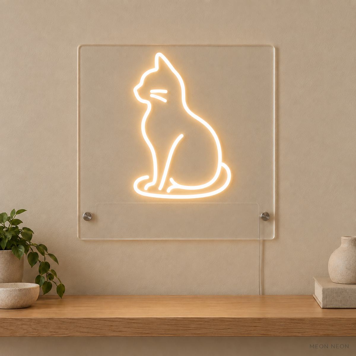 Personalized Sitting Cat LED neon sign concept in Warm White with a blank area for printed text; MEON NEON watermark